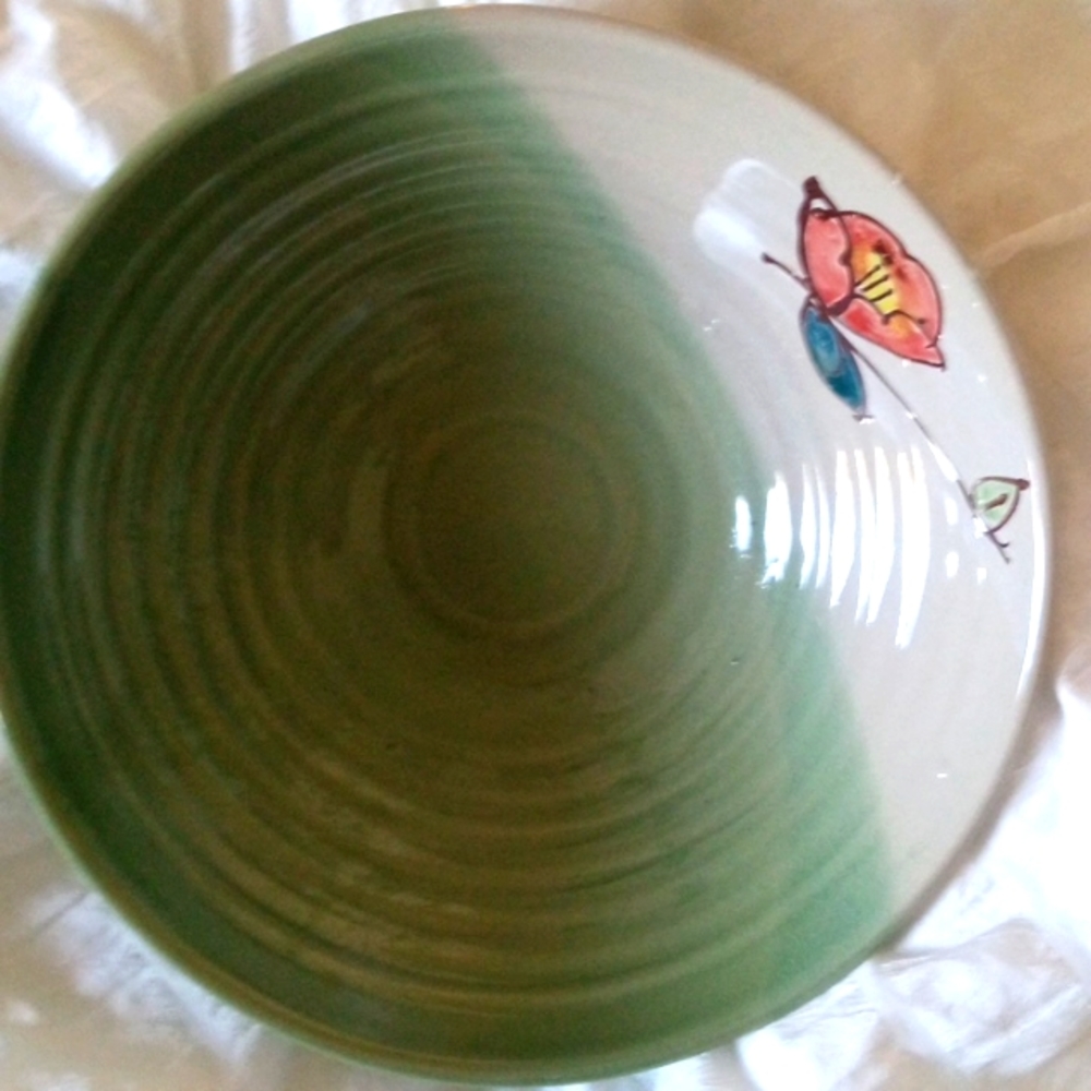 Vintage Two Toned WCL signed Pottery Bowl. Two Tone Green and White 14 inches
